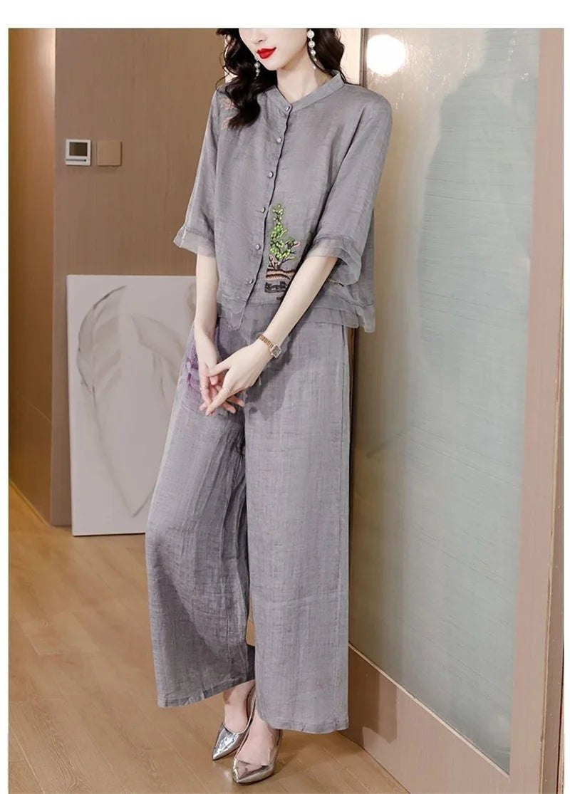 Grey Summer Art Embroidery Chinese Style Set Linen Western Style Summer Wide Leg Pants Casual Fashion Two piece Cotton Set XXXL