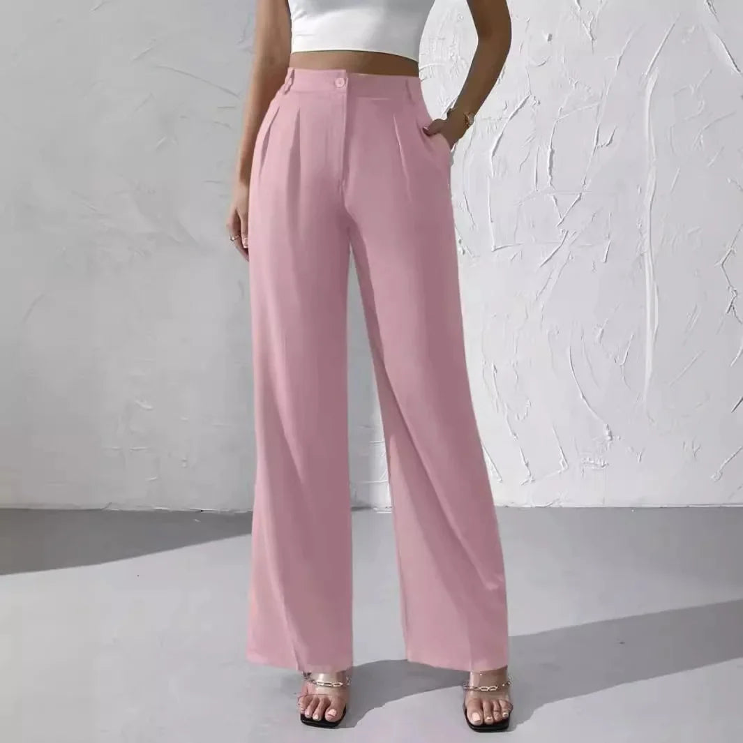 Elegant Pure Color Draped Wide Leg Suit Pants for Women High Waist Long Trousers Fashionable Business Casual Loose Fit