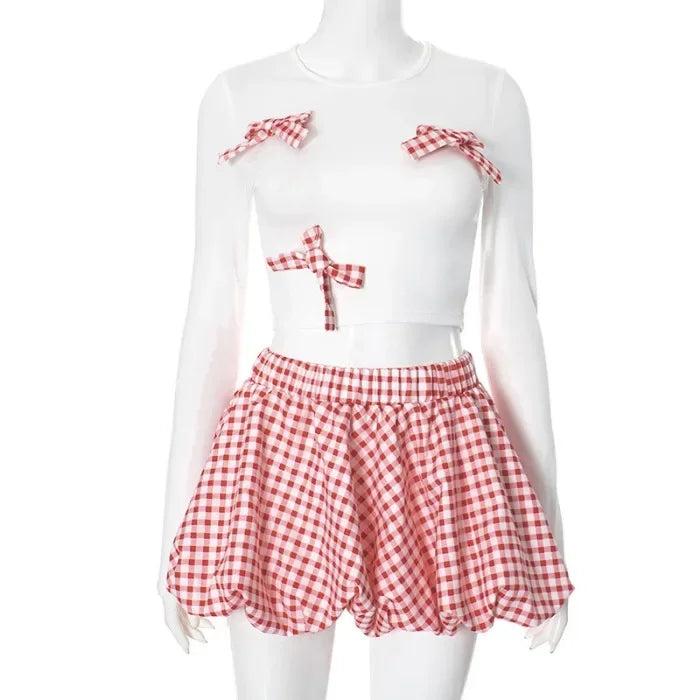 2 Piece Skirt Set for Women Bow Decoration Long Sleeves Top and Versatile Plaid Dresses Y2k Suit Spring and Summer 2025 New