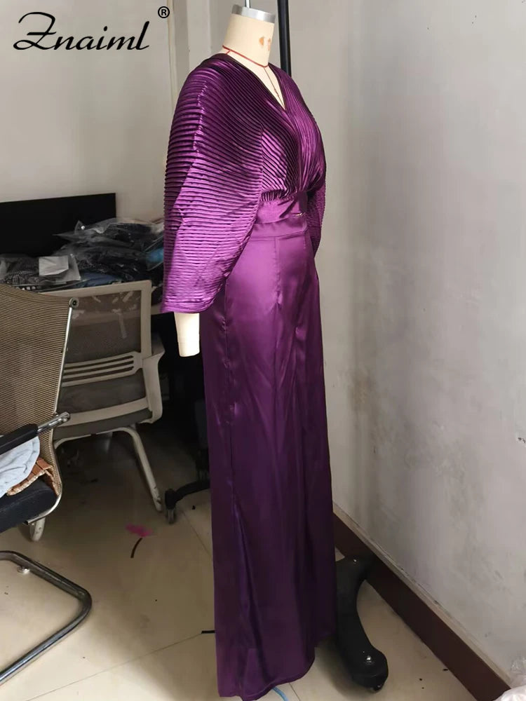 Znaiml Pleated Blouse V Neck Full Sleeve and Wide Leg Pants Women Loose 2 Pieces Sets Elegant Office Ladies African Outfits 2025