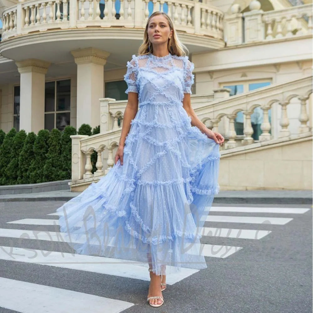 Elegant Dot Organza Dress With Ruffles for Women