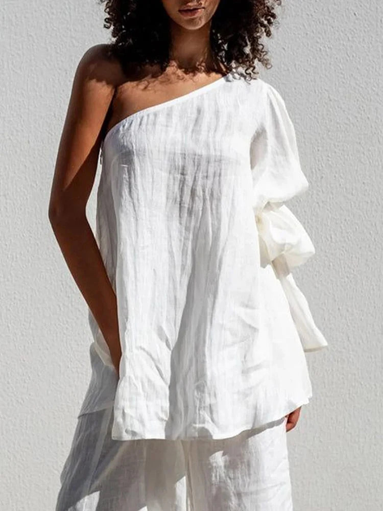 Beautyblue Flared Sleeves Women's T-shirt One-shoulder Long Sleeves Tee Summer Loose Asymmetric Elasticity Blouses&Shirts Female
