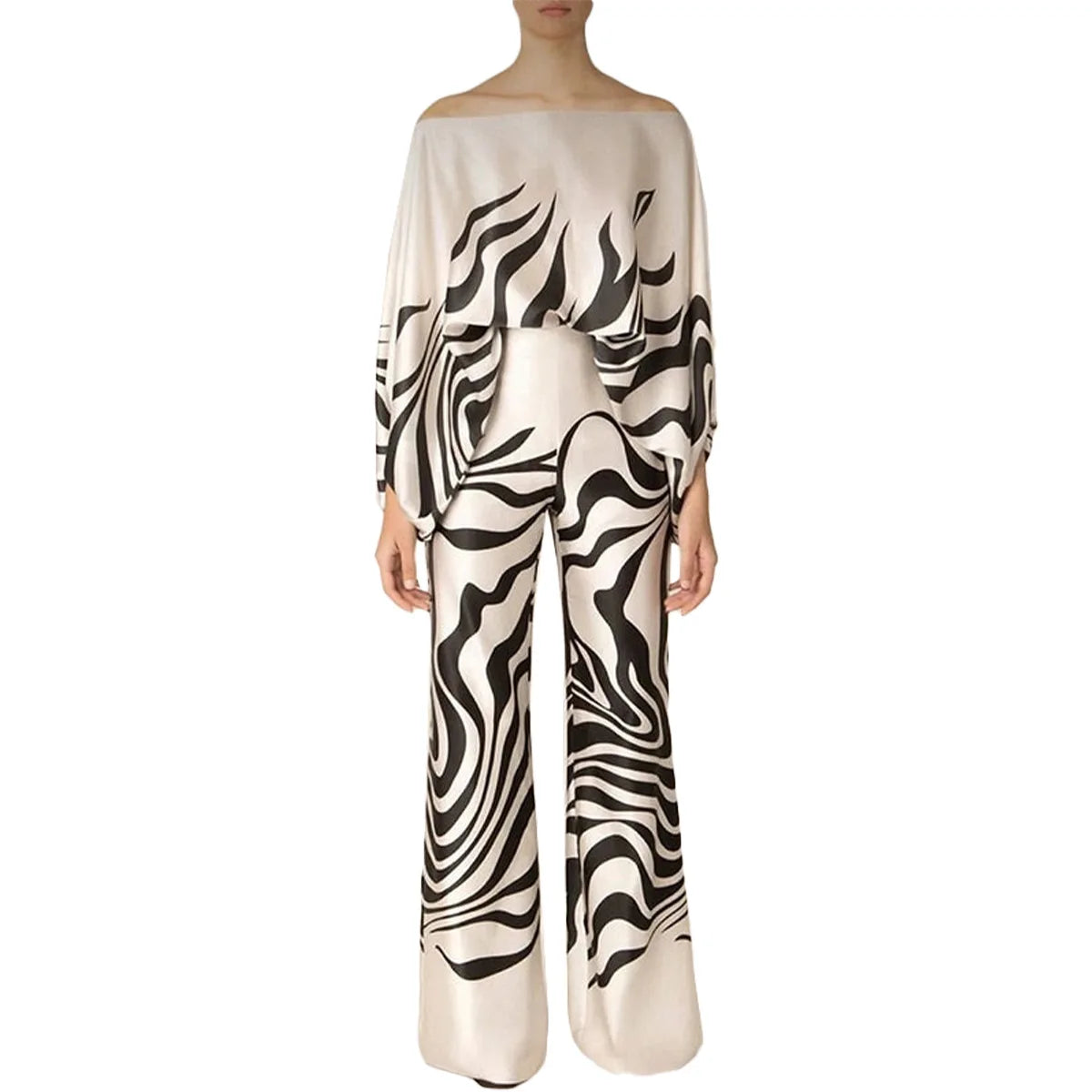 CM.YAYA Women Set Full Batwing Sleeve Slash Neck print Top + Wide Leg Pants Summer Street Two 2 Piece Sets Sexy Outfit Tracksuit