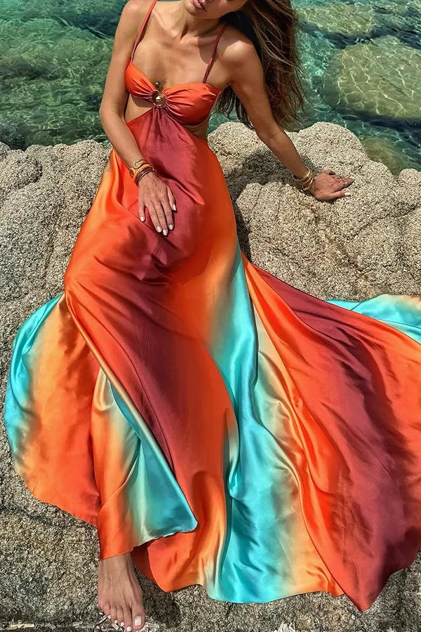 Sexy Gradient Sling Beach Long Dress Women Vintage Sleeveless Lace Up Hollow Out Tube Dresses Female Chic Street Party Holiday