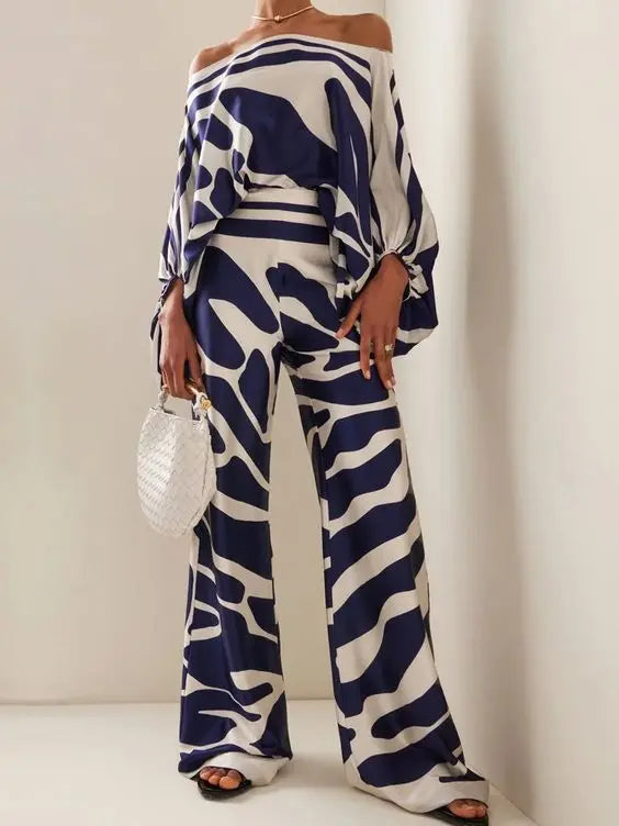 CM.YAYA Women Set Full Batwing Sleeve Slash Neck print Top + Wide Leg Pants Summer Street Two 2 Piece Sets Sexy Outfit Tracksuit
