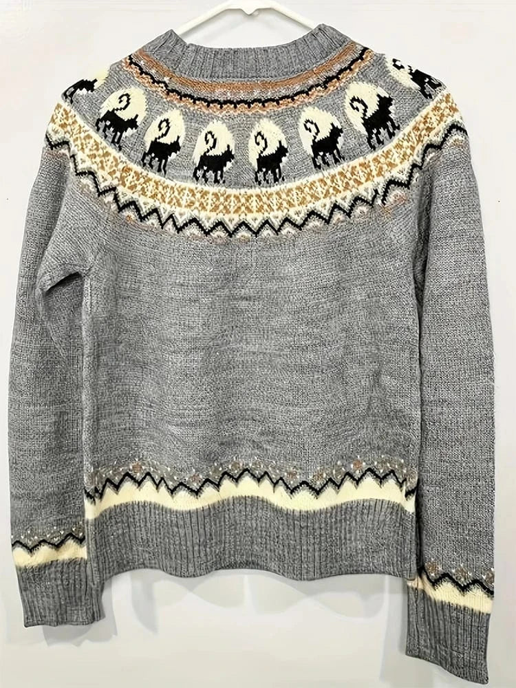 Plus Size Women's Retro Pattern Long Sleeve Sweater Round Neck Pullover Grey Best Choice for Autumn and Winter