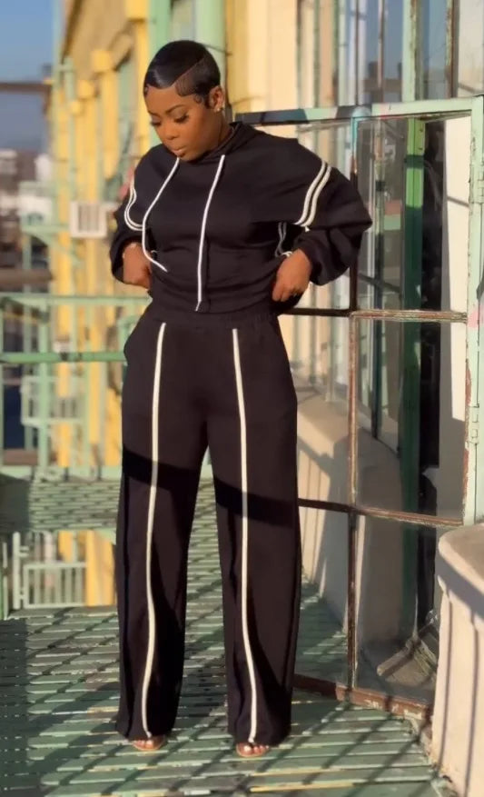 CM.YAYA Fashion Striped Splicing Women's Set Long Sleeve Hooded Sweatshirt and Sweat Pants Tracksuit 2024 Two 2 Piece Set Outfit