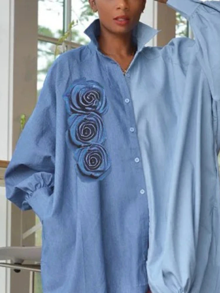 Beautyblue Women Blue Long Blouse Shirts Contrast Color Rose Shirt Fashion Buttoned Long Sleeves Flower Lapel Shirt Dress Female