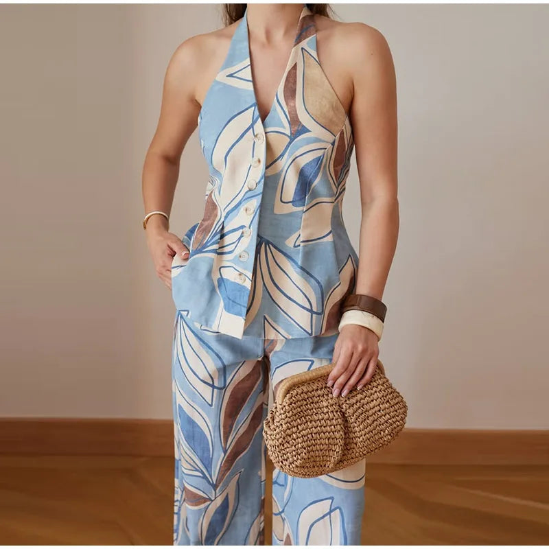Halter Print Top Pants Set Women Backless Crop Tops Wide Leg Baggy Pants Two Pieces Set Chic Vacation Casual Women Outfit