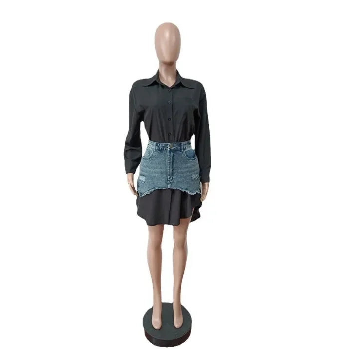Denim Skirt Set Women Streetwear Fashion Long Sleeve Shirt Turn Down Collar Asymmetric Dress Casual Slim Dresses 2025 Spring