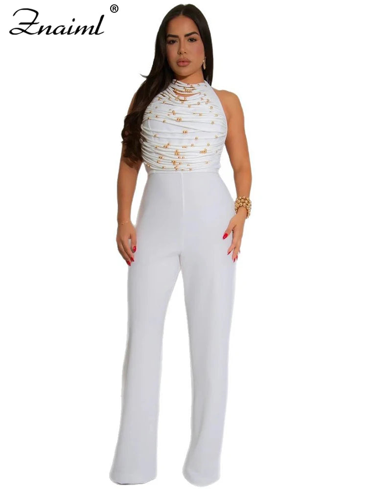 Znaiml Elegant Long Jumpsuits for Women Summer Sleeveless Halter Lace Up Backless Bandage Wide Leg Pants Rompers One Pieces 2025
