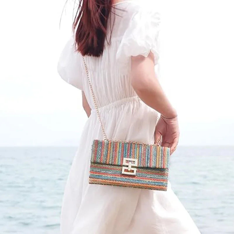 Straw Envelope Evening Party Handbag Fashion Women Weave Pattern Gold Clutch Messenger Purses Lady Daily Commuting Wallet Bags