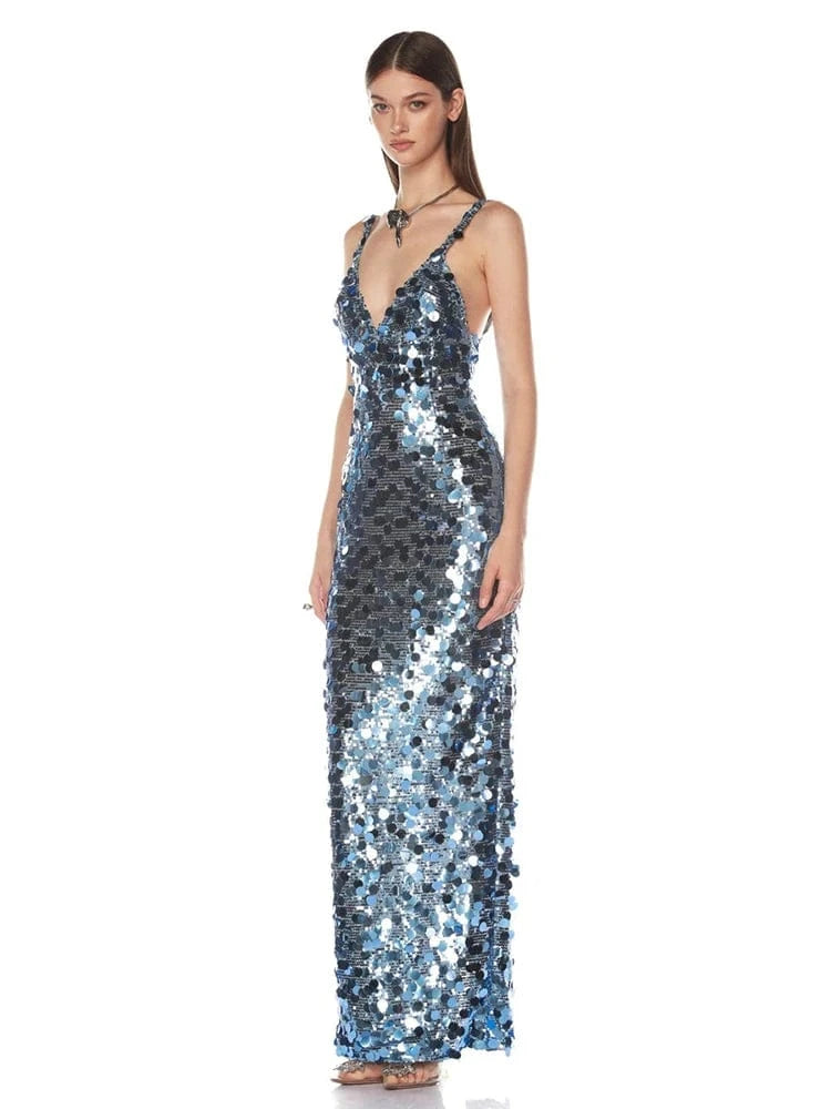 2025 New Sexy Straps Deep V Neck Blue Sequins Long Dress Women Sleeveless Backless Bodycon Dress Evening Party Cocktail Gown