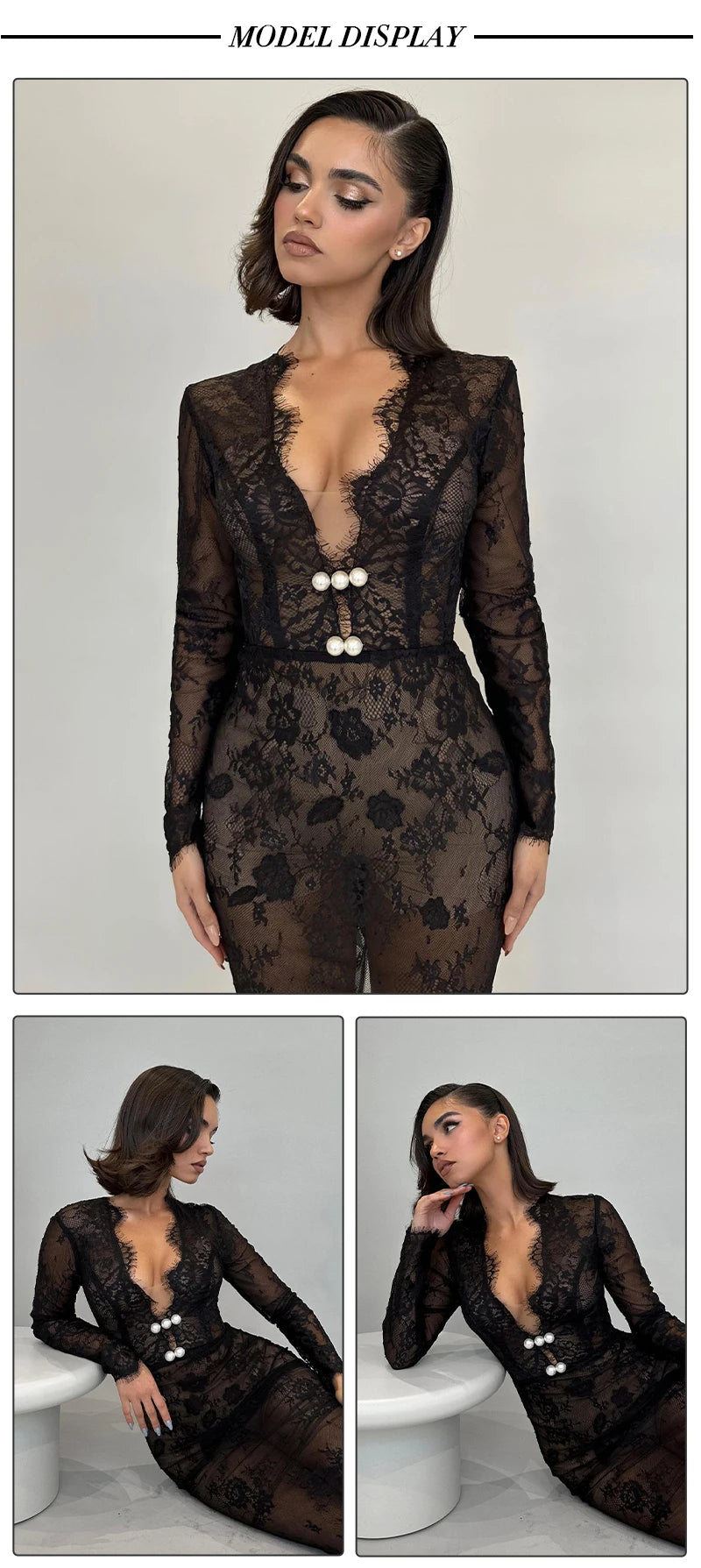 V Neck Long Sleeve Lace Black Evening Maxi Dress for Women