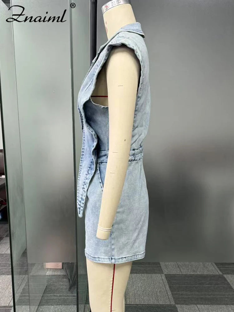 Znaiml Women Lapel Sleeveless Playsuits Fashion Denim Blue Shorts Jumpsuits Hollow Out Button Overalls Jeans One Pieces Rompers