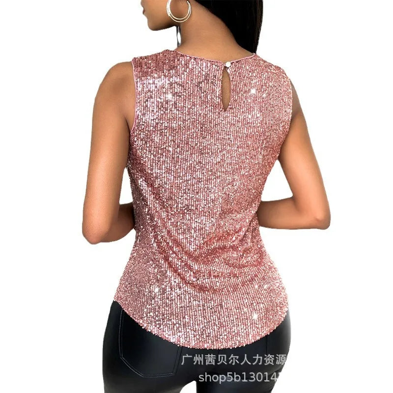 Women Glitter Sequin Round Neck Sleeveless Blouses Shirts Casual Sparkle Tank Top