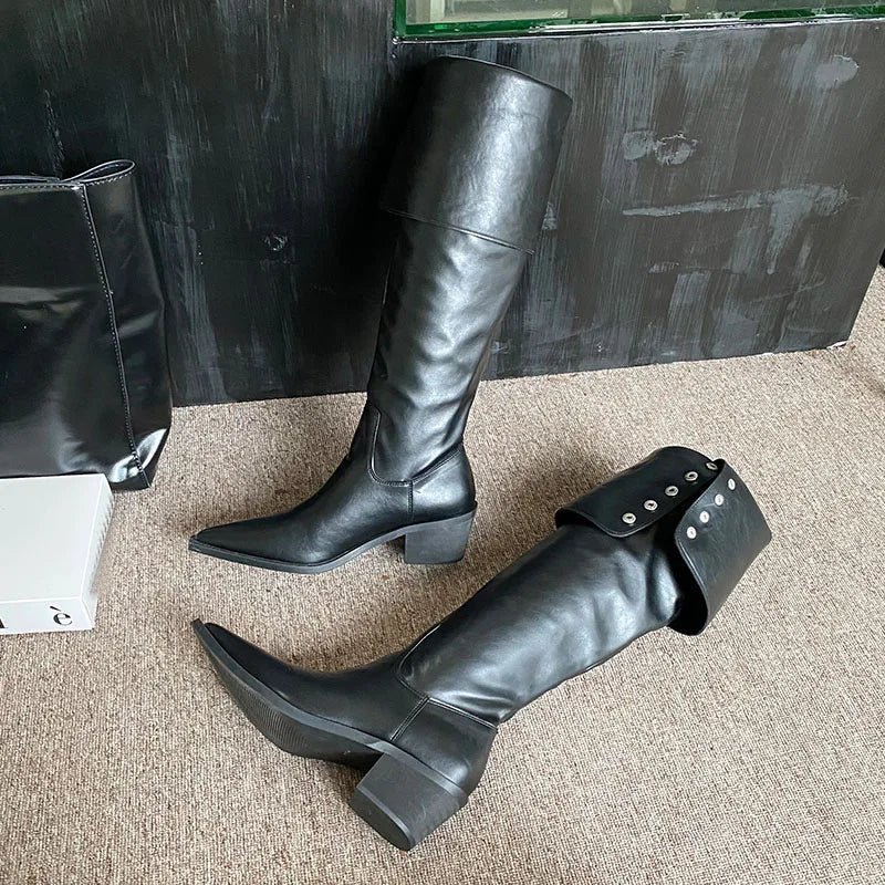 Modern Ladies Knee High Boots With Heels Shoes Female Slip On Footwear Fashion Pointed Toe Women Long Boots Pumps Shoes lady