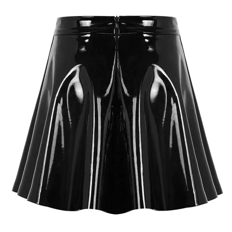 Women Gothic PVC A-line Skating Skirt Shiny Patent Leather Pleated Skirt Ladies High Waist Faux Latex Mini Skirt Custom Clubwear
