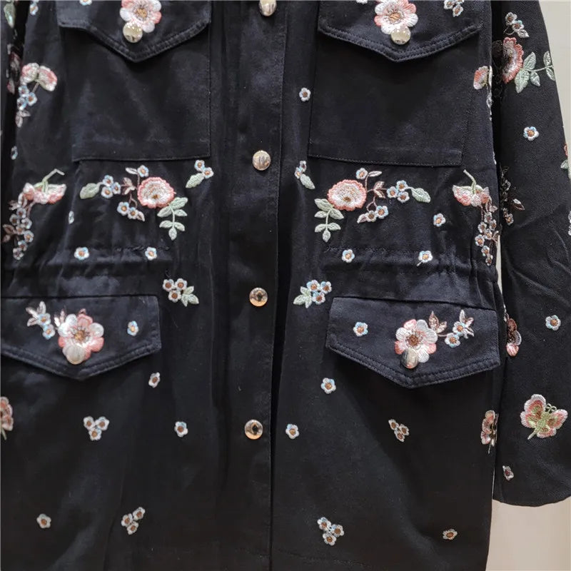 YEAE autumn fashion heavy industry flower embroidered trench coat women's stand-up collar loose drawstring waist trench coat