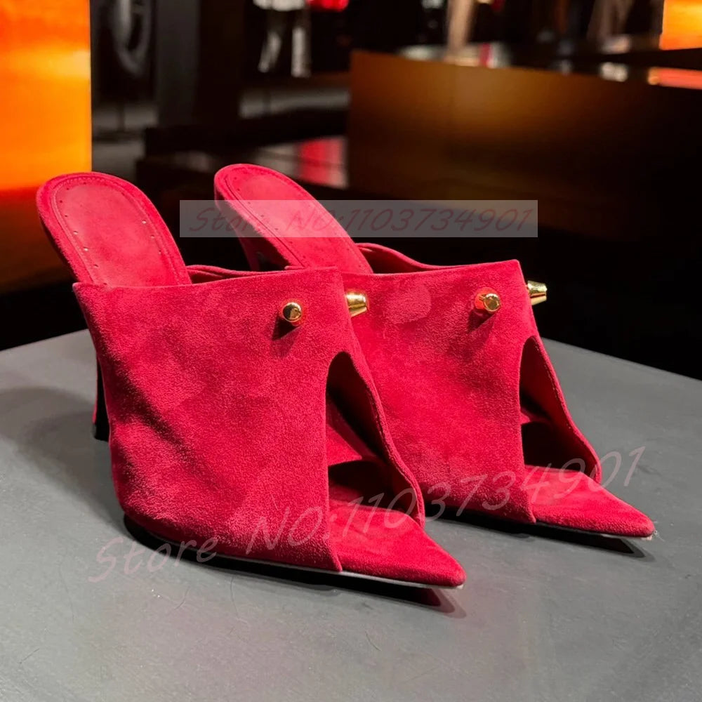 Red Suede Pointed Toe Rivet High Heel Mules for Women