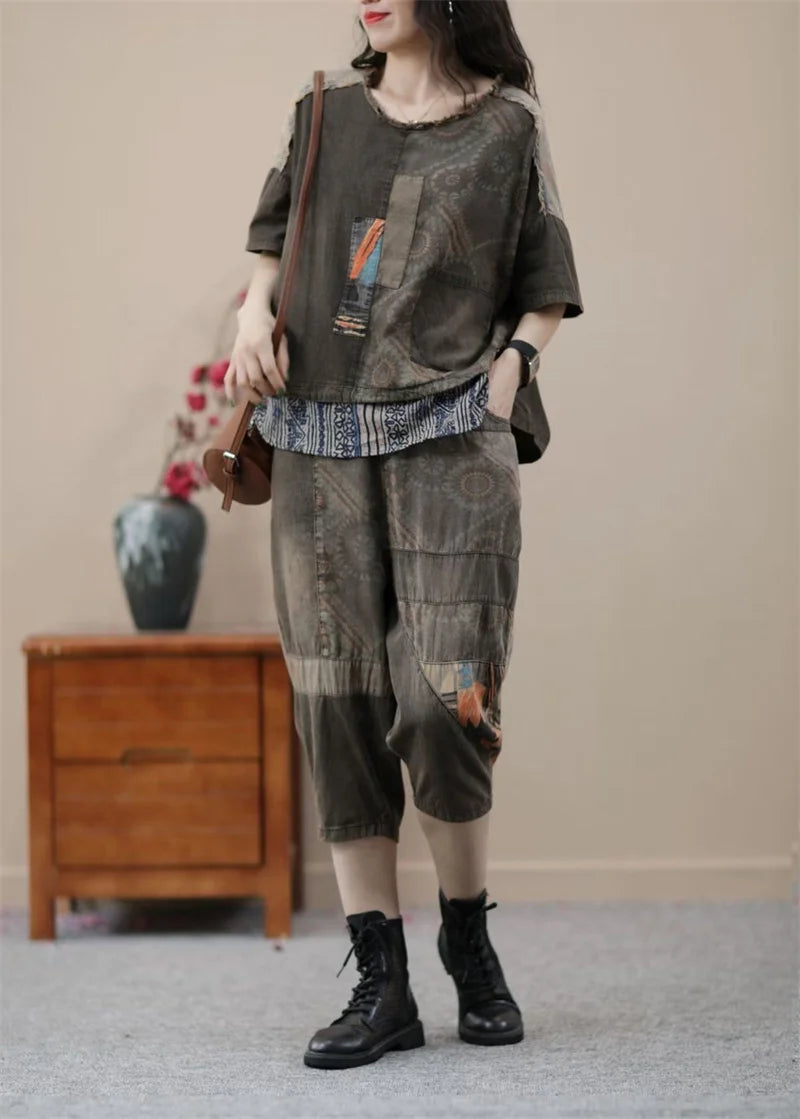 2024 Female Korean Ethnic Style Denim Harlan Pants Sets two-piece Women's Summer New Small Casual High-end Clothing Printing Set