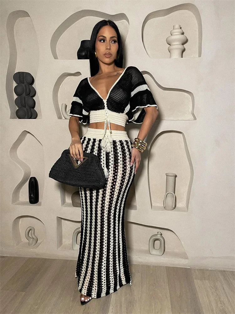Wmstar Women Two Piece Set Sexy Elegant Knitted Crochet Beach Stripe Crop Tops Long Skirts Matching Set Holiday Birthday Outfits