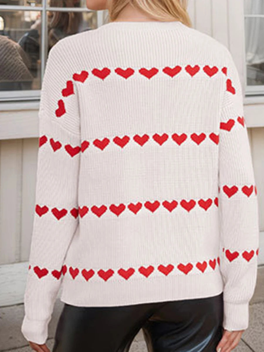 Women Valentine's Day Knit Sweater Heart Print Long Sleeve Round Neck Pullovers Fall Winter Casual Loose Knitted Jumpers Tops