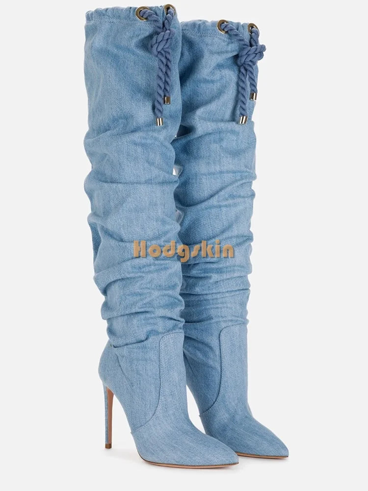Cross Tied Denim Knee High Stiletto Boots for Women