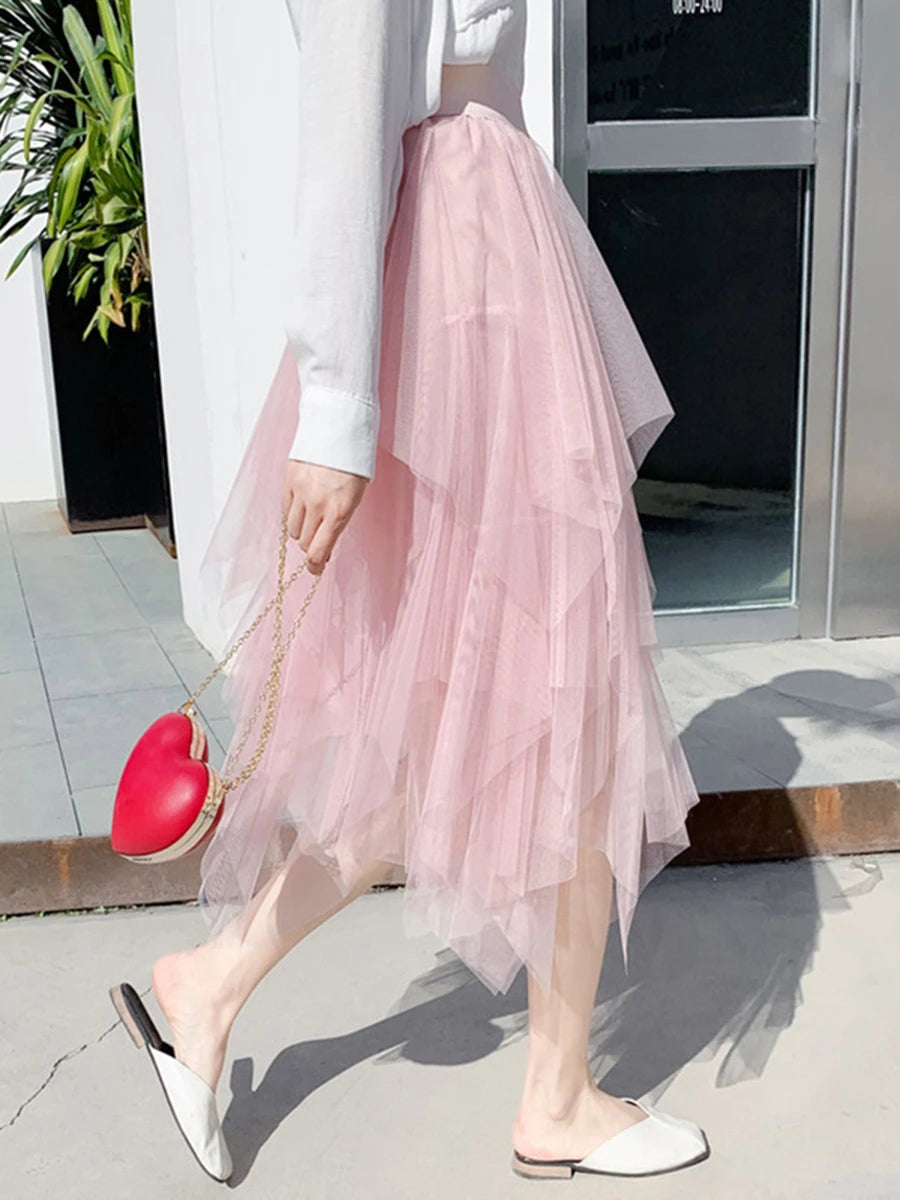 Women Tutu Tulle Skirt Elegant High Waist Mesh Tiered Layered Half Skirt Female Prom Party Midi Skirt for Summer Fairycore Y2K