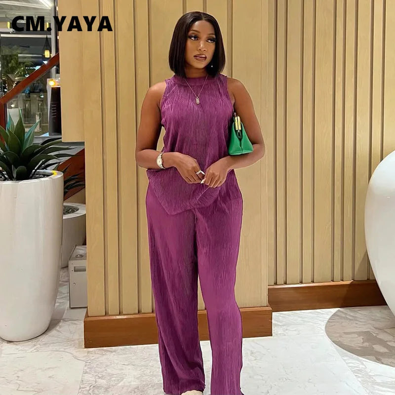 CM.YAYA Fashion Pleated Draped Women Set Sleeveless Tops + Wide Leg Pants 2025 Summer Two 2 Piece Sets Africa Outfits Tracksuit
