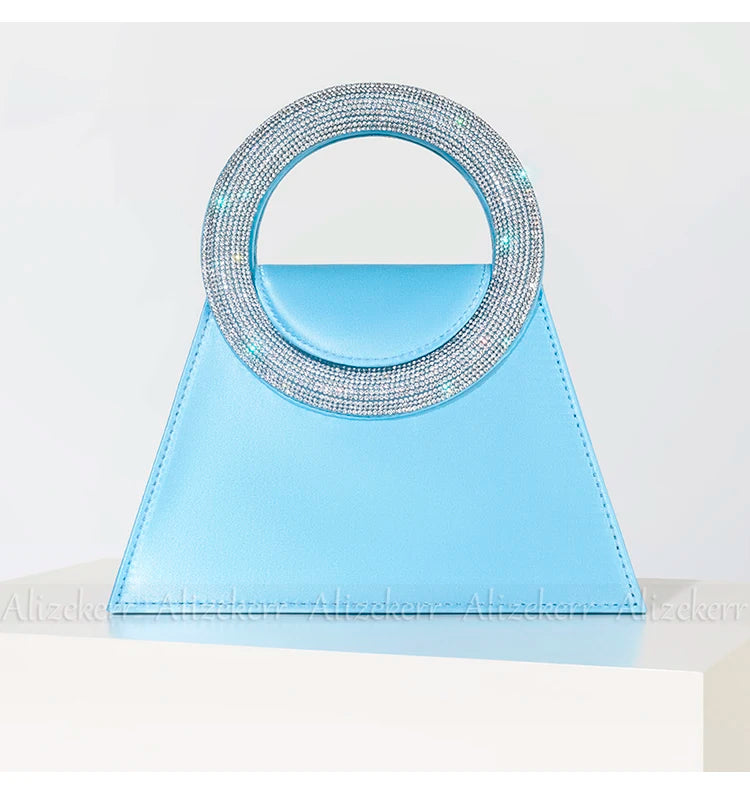 Bling Rhinestone Satin Handbags Women 2023 Elegant Boutique Round Crystal Handle Trapezoid Evening Clutch Purses Wedding Party