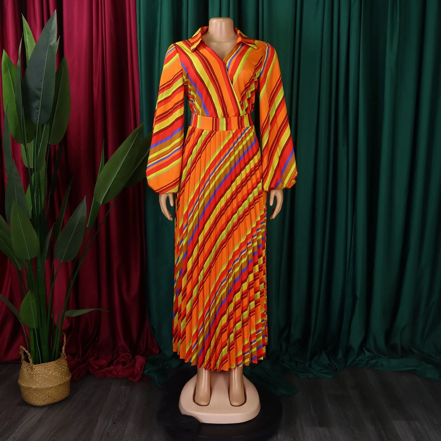 Elegant Office Dresses for Women Striped Printed V Neck Full Sleeve High Waisted Pleated Mid Calf Professional Work Dress Midi