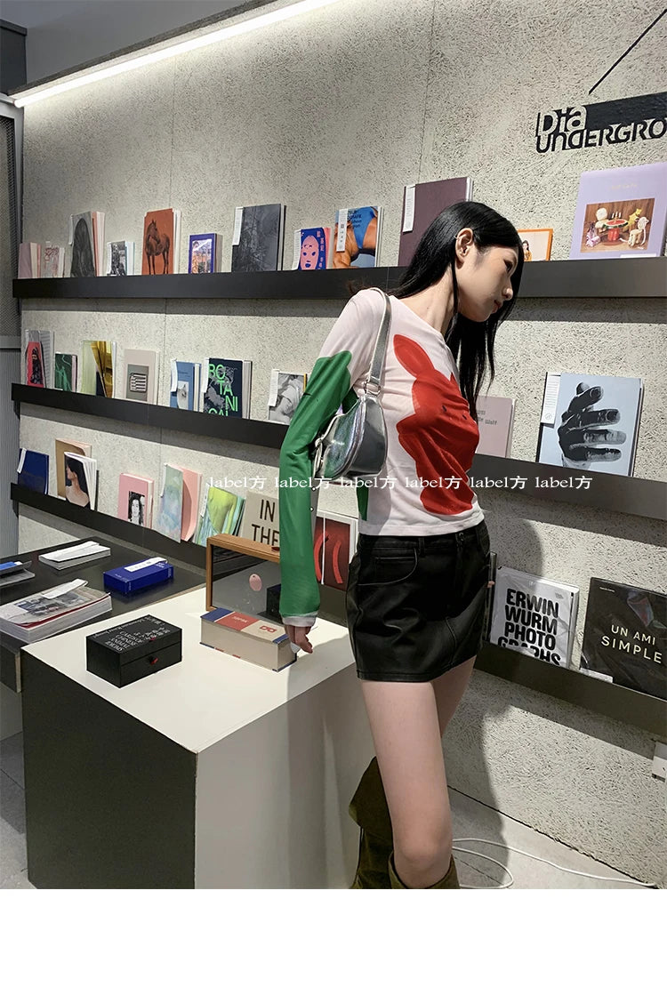 Karrram Y2k Aesthetics Mesh Tops Japanese Harajuku Cartoon Print T-shirt 2000s Vintage Cute T Shirt Korean Style Dopamine Tops
