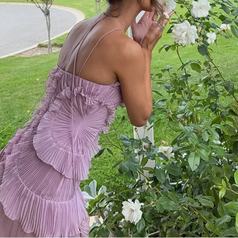 Chic Pleated Halter Neck Long Vacation Dress High Quality Purple Strapless Lotus Edge Maxi Dress 2025 New Lady Vacation Gown