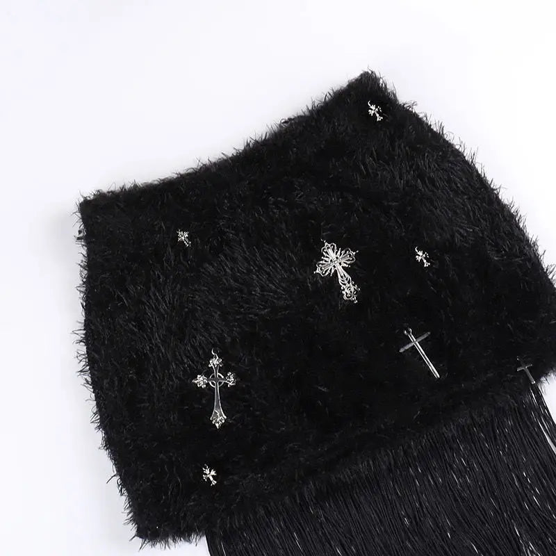 Gothic Classic Punk Cross Pendant Tassel High Elastic High Waist Sexy Plush Short Skirt Women's High-end Design Hip-pack Skirt