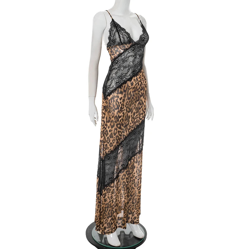 Weird Puss Mesh Patchwork Mermaid Dress Women Leopard Print Sexy Low-Neck Cleavage Backless Ruched Midnight Fashion Long Bodycon