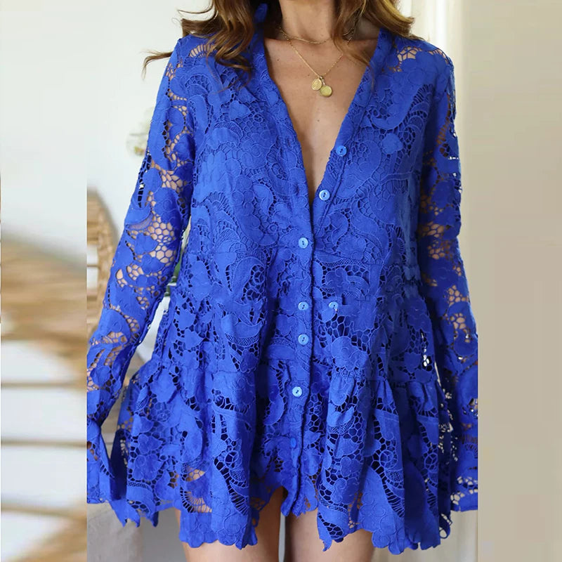 Sexy V Neck Hollow Solid Color Short Dress Casual Loose Flared Sleeve Dress Lace Embroidery Single Breasted Women's Party Dress