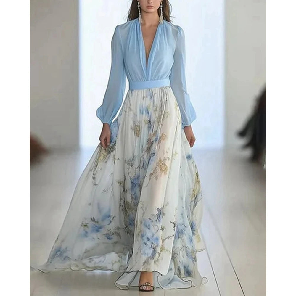 Floral Dress Print Long Sleeve Summer Women Dress Deep V Neck Slim Waist Maxi Dress for Party Evening Gown Vestidos Elegantes