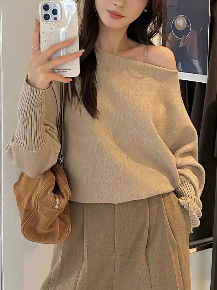 Batwing Long sleeve Knitted Pullover Women Solid color Off shoulder Top Korean Fashion Sweater Loose Casual Autumn Outwear Pull
