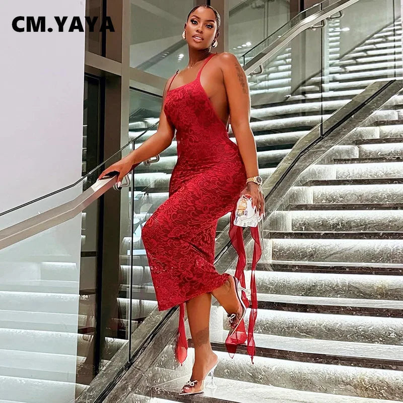 CM.YAYA Women lace Sleeveless Strap Floral Backless Sleeveless Sexy Party Bodycon Midi Maxi Long Dress 2025 Dresses Vestidos