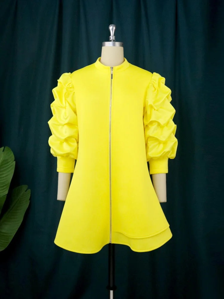 Wmstar Plus Size Dresses for Women Elegant Lady Loose Purff Zipper Up Long Sleeve Party Mini Dress Wholesale Dropshipping 2024