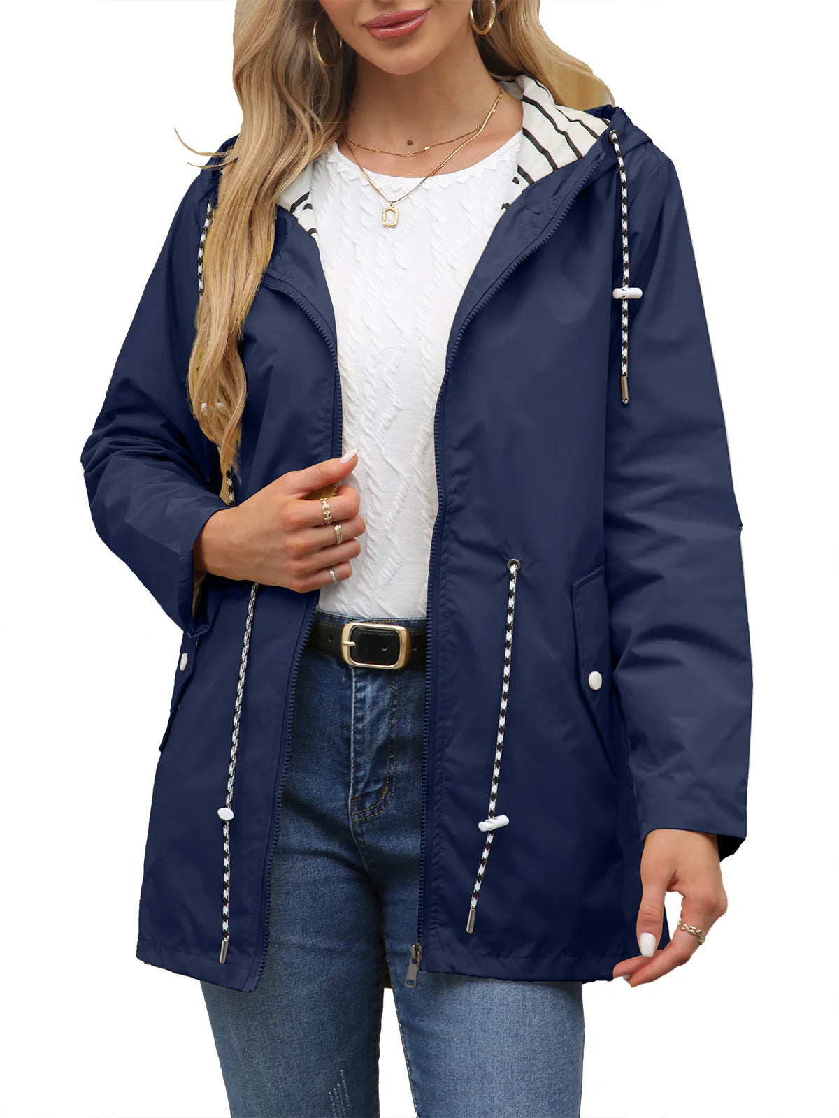 Women Outdoor Windbreaker Casual Loose Hooded Waterproof Raincoat Long Sleeve Solid Color Mid-length Zipper Hiking Jackets