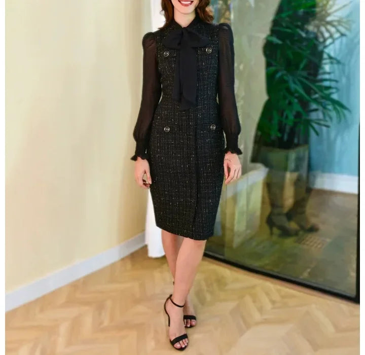 Fashion Dresses for Women Latest 2024 Autumn Winter Skirt Elegant Button Tie Neck Sheer Mesh Patch Frill Hem Shirred Midi Dress