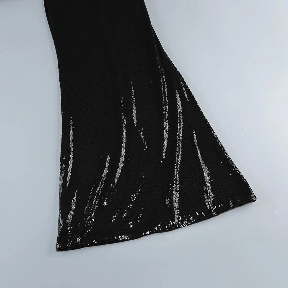 Women 2025 Black Sequin Strapless Mermaid Style Long Dress Hollow out Rose Embellishments Elegant Glamorous Party Evening Gown