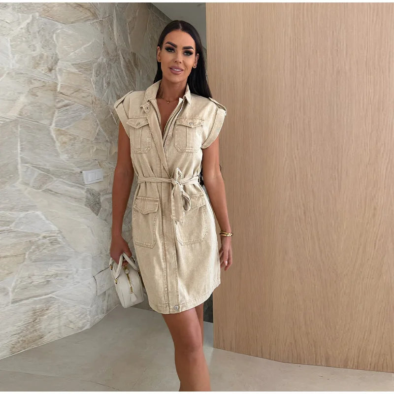 Vintage Women's Short-sleeve Denim Dress Button-front Lapel With Belt Casual Workwear Elegant Female Vestidos Summer 2025