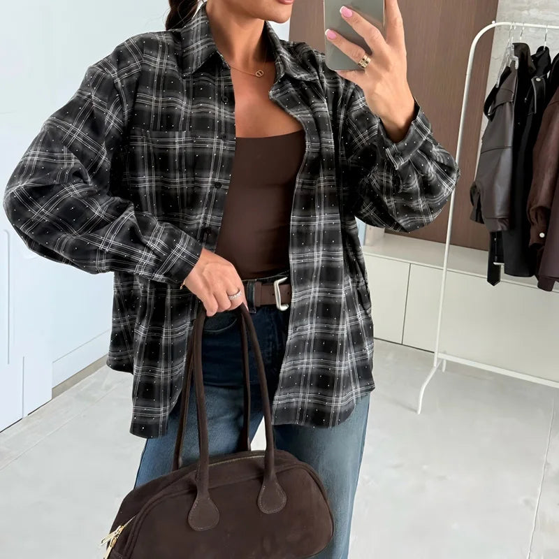 Fashion New Women's Lapel Pocket Coat Vintage Plaid Printed Long Sleeved Shirt Casual Street Wear Single Breasted Office T-shirt