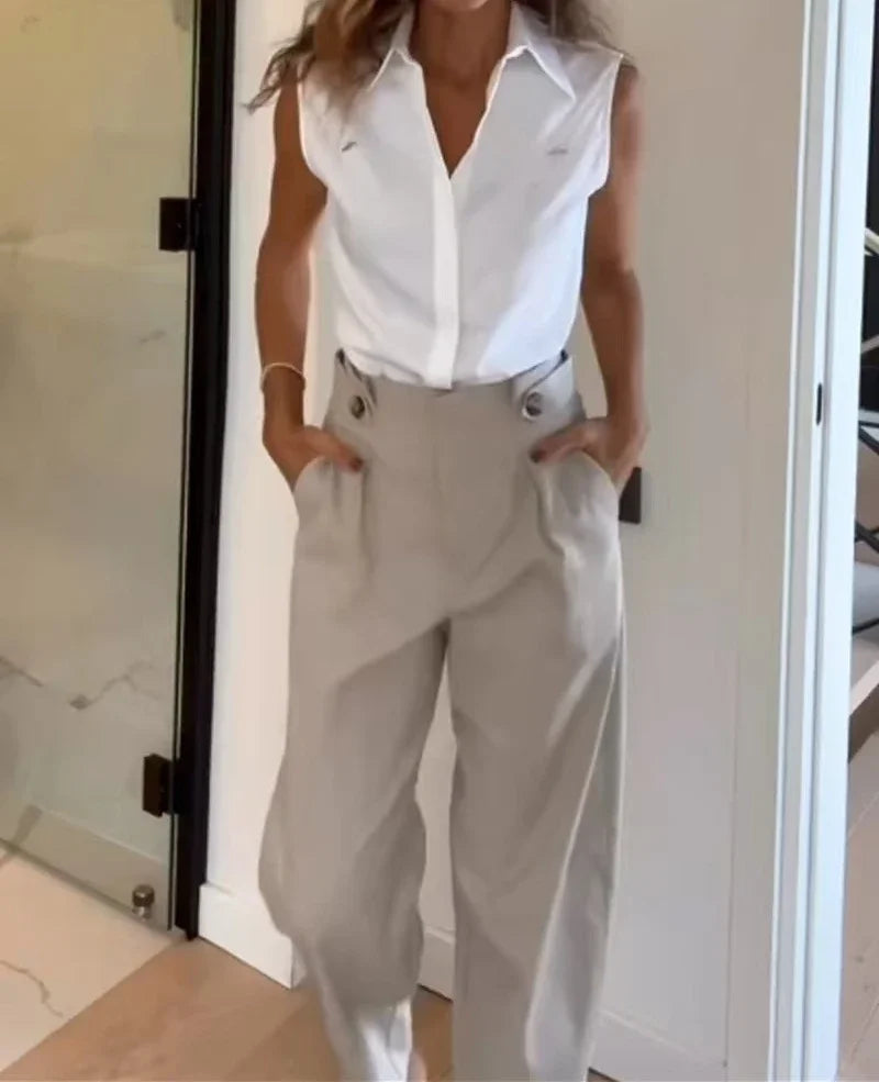 2 Piece Set Women Casual 2025 Spring Lapel Off Shoulder Shirt Tops & Fashion Pocket High Waist Straight Pants suit Streetwear