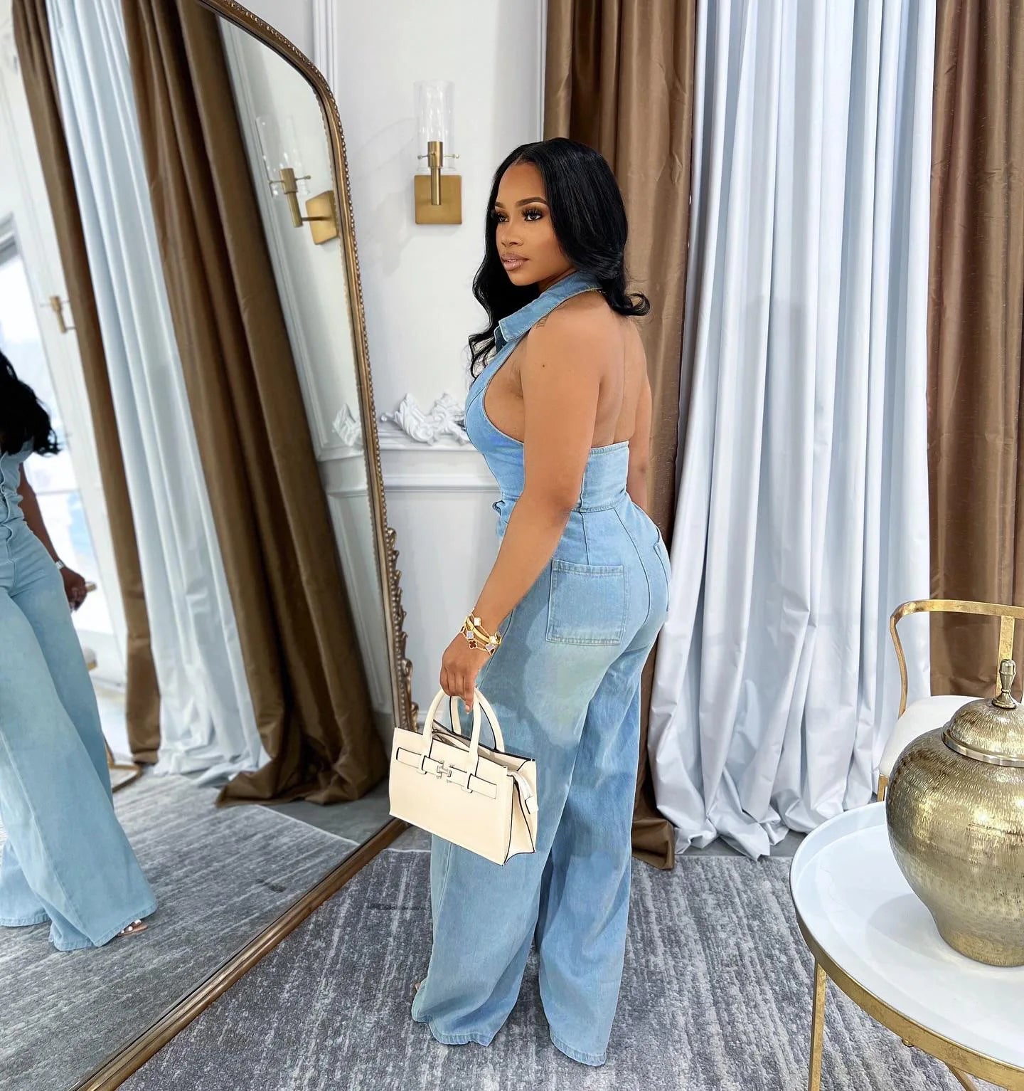 CM.YAYA Women Denim Sleeveless Single Breasted Wide Leg Jeans Jumpsuit Halter Neck Backless 2025 Summer One Piece Suit Playsuits