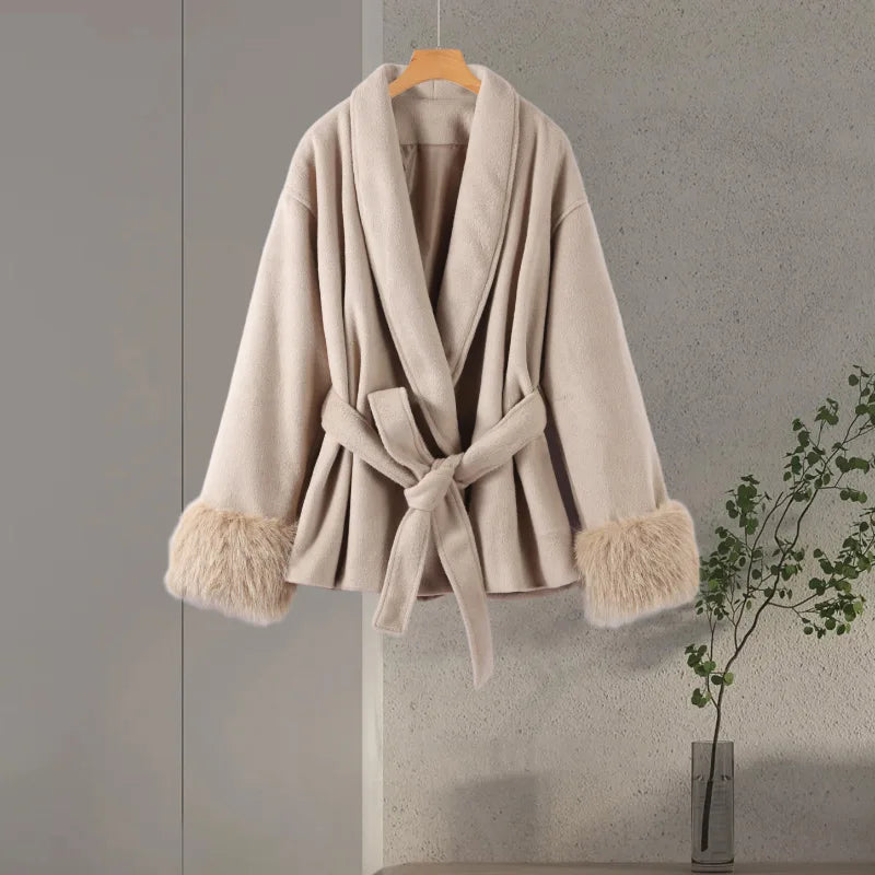 Plush Cuffs Belt Women 's Coats Elegant Lapel Faux Fur Sleeve Twist Open Coat Female 2025 Autumn Winter Fashion Lady Streetwears