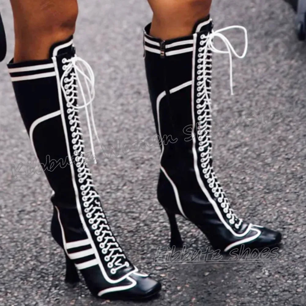 Sewing Knee High Boots Leather Lace-Up Patchwork Square Toe Kitten Heels Fashion Luxury Elegant Concise Sexy Women Shoes Newest